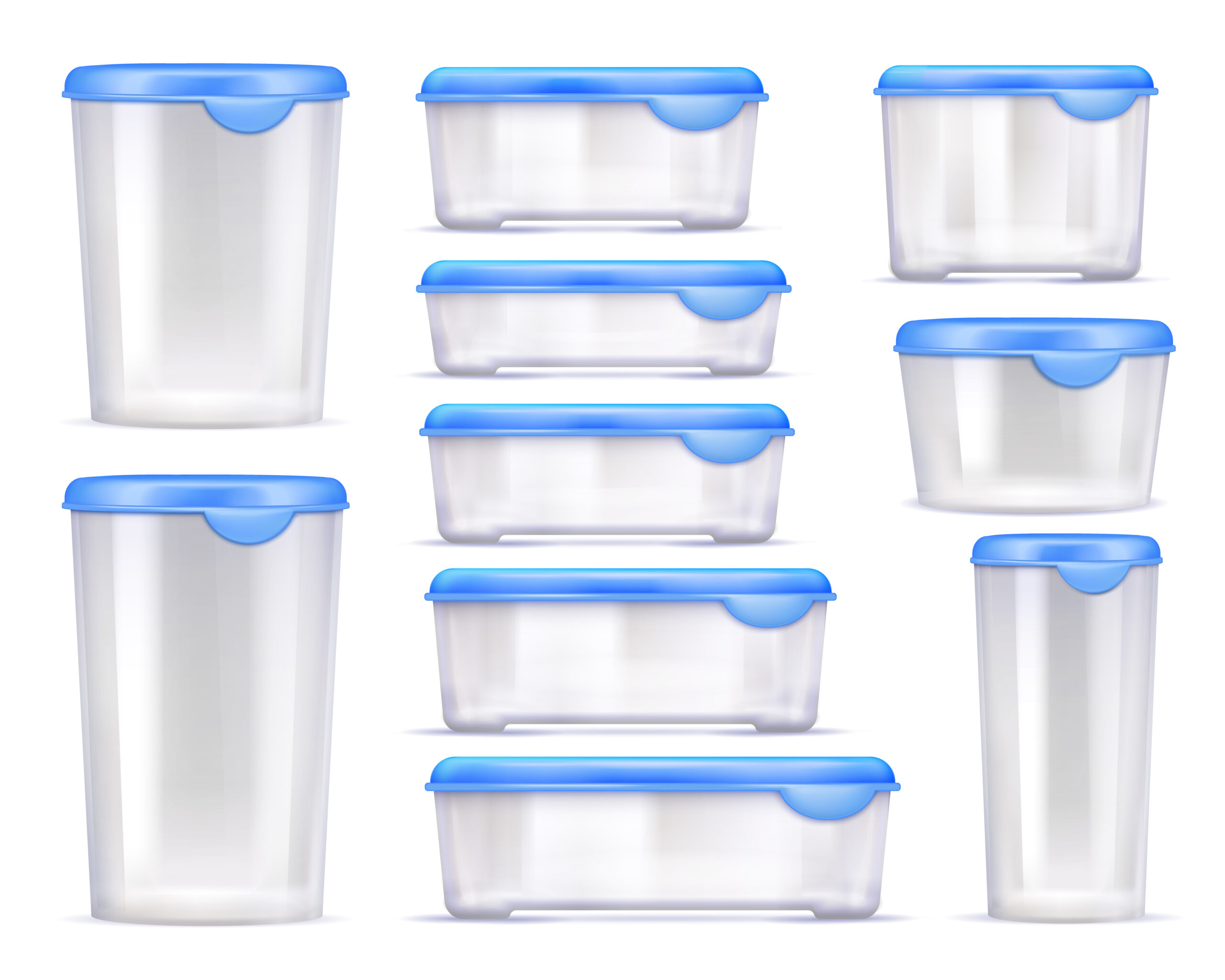 Colored plastic food containers realistic transparent with blue cap on white background vector illustration